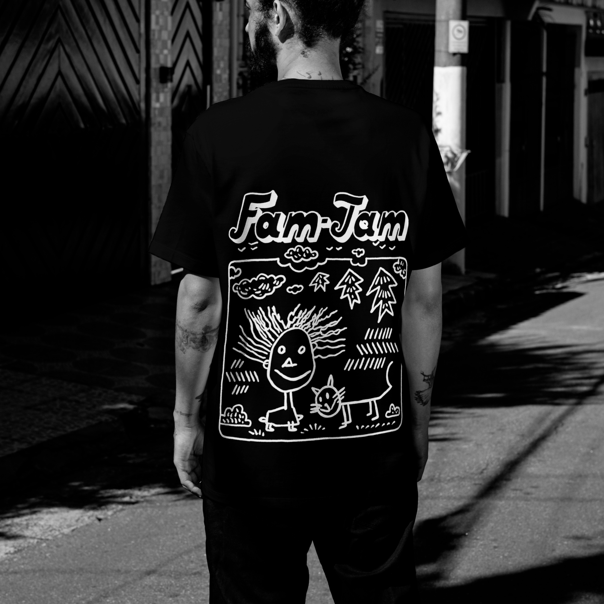 Back print of Fam-Jam oversized tee — friendship art design by Blaknwhite