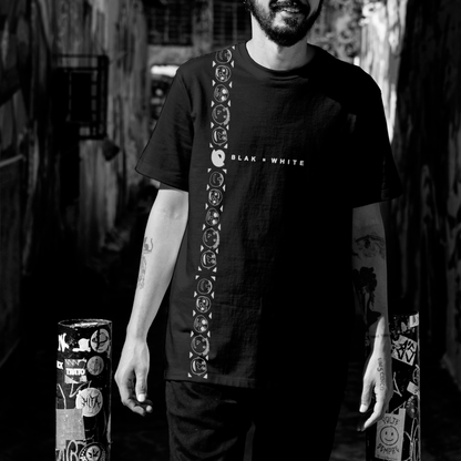 Art-inspired black oversized tee with expressive faces — The Moody-licious by Blaknwhite