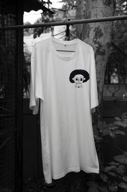 Front view of The Artist white oversized unisex t-shirt by Blaknwhite — minimal streetwear design.