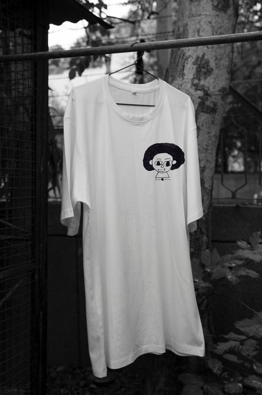 Front view of The Artist white oversized unisex t-shirt by Blaknwhite — minimal streetwear design.